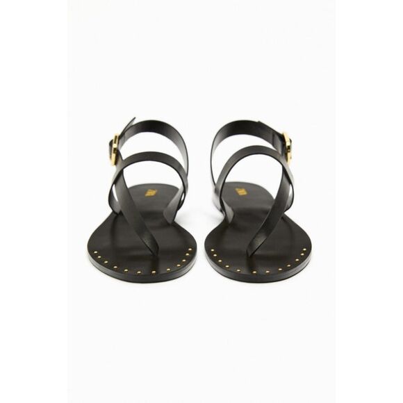 Black Zara Leather Gold Tone Studded Ankle Buckle Closure Flat Sandals (NWT) - Picture 3 of 9